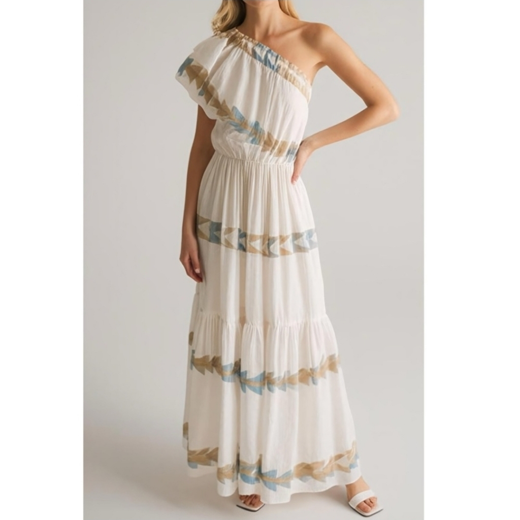 Mirth Paros One Shoulder Maxi Dress In White And Tan Size Large